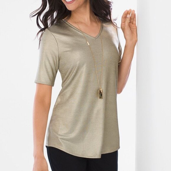 NWT Chicos Metallic Foil Tee Gold Green Sz 2P LP V Neck Elbow Short Sleeves Top - Picture 3 of 12